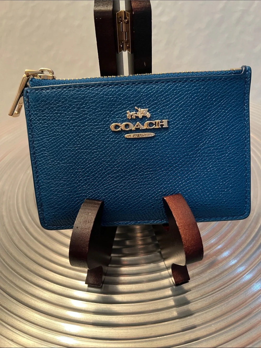 Coach Pebbled Leather Zip Card & Key Pouch in Teal